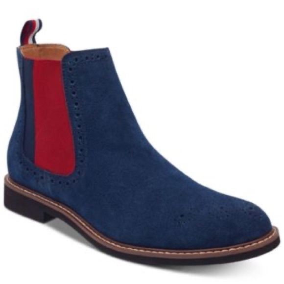 Tommy Hilfiger Blue and Red Chelsea Boots with Suede Finish - Picture 1 of 8